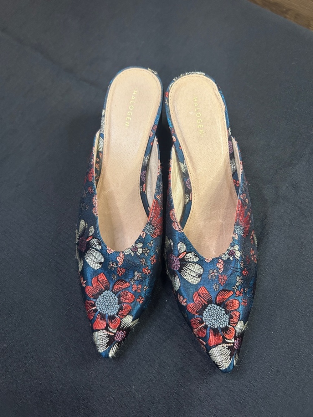 Halogen Blue Floral Embroidered Pointed Mule